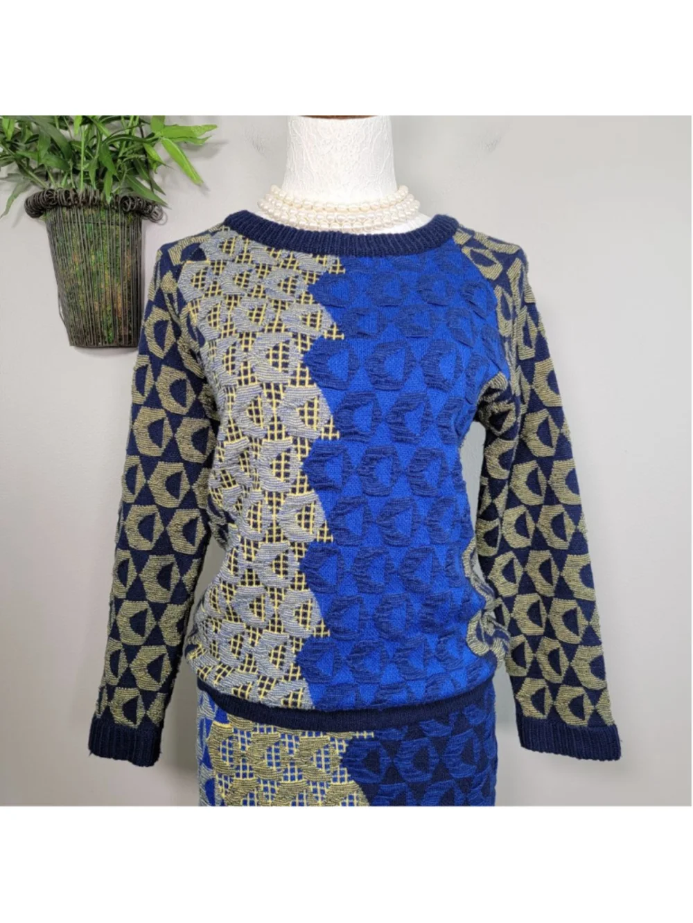 Kerisma Knit Crew Neck Sweater Pencil Midi Skirt Matching Set Blue Geometric S